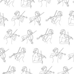 Music set of girls singing and playing musical instruments, violin. Trendy solid continuous line style. Vector illustration, seamless pattern background.