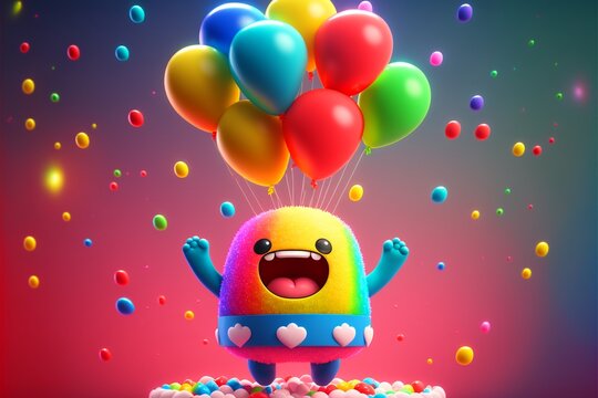 Putzige Figur mit Ballons, Geburtstags Grüße Karte Design, ai generativ