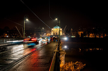Turin by night, Vittorio Emanuele I bridge on Po river in front Gran Madre di Dio's Church