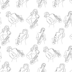 Fototapeta na wymiar Silhouette of a beautiful woman playing the saxophone in a continuous modern one line style. Saxophonist girl, Decor sketches, posters, stickers, logo. set of vector illustrations, seamless pattern.