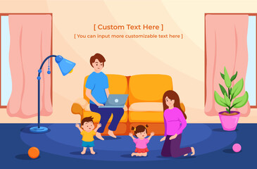 Father use laptop for working.Mother,daughter and son playing together,doing activity in family time