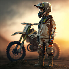 Boy in a dirtbike - Illustration of a child beside a motocross bike - Young rider beside his ride 