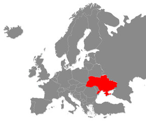 Map of Ukraine highligted with red in Europe map