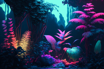 Fototapeta na wymiar Illustration of a dense jungle with leaves and flowers in pastel colors illuminated by neon light, generative ai