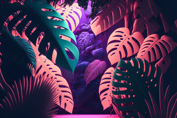 Illustration of a dense jungle with leaves and flowers in pastel colors illuminated by neon light, generative ai