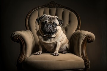 Pug portrait sitting in armchair (ai generated)