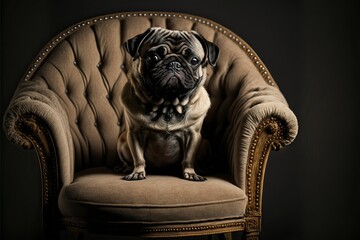 Pug dog portrait sitting in armchair (ai generated)