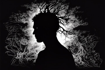 Mental health and spiritual awakening concept. Silhouette of man with double exposure effect. Created with Generative AI
