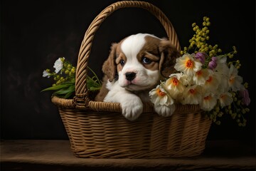Puppy sitting in basket with flowers (Ai generated)