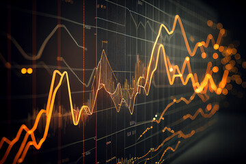 Financial graphs, glowing lines and diagram on digital screen. Trading market and economic concept. Financial crisis and inflation. Created with generative AI