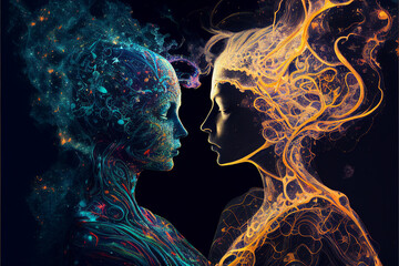 Fototapeta Man and woman silhouettes at abstract cosmic background. Human souls couple in love. Astral body, esoteric and spiritual life concept. Created with generative AI obraz