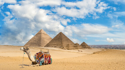 A view of the Pyramids Of Chephren and Mycerinus, Giza, Egypt.	

