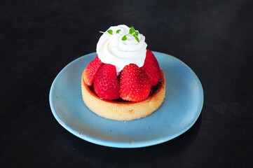 Strawberry Tart, Dessert on Blue Plate