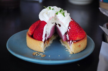 Strawberry Tart, Dessert on Blue Plate