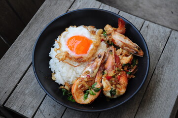 Stired Fry Shrimp with Thai Basil and Fried Egg with Rice