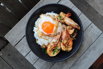 Stired Fry Shrimp with Thai Basil and Fried Egg with Rice