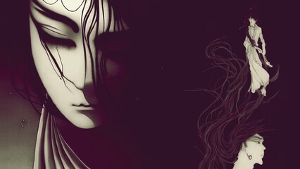 Surrealistic illustration/ silhouette dark scene (ukiyo-e art)/ sketch, drawing, wallpaper, desktop, cover, painting, background