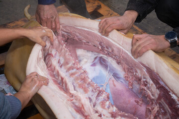 cutting a pig into pieces before the winter holidays in Romania, detail of cutting bacon