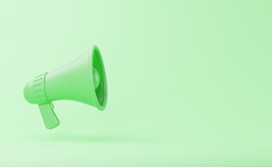 Mono color green megaphone bullhorn speaker to announce or broadcast sound on white background 3D rendering illustration