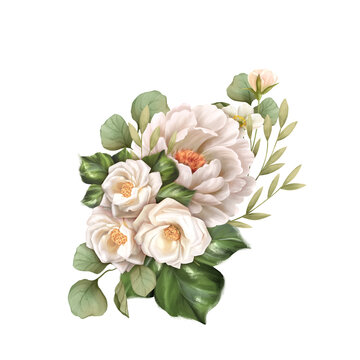 Decorative white flowers. Floral illustration with leaves and buds. Botanic composition for wedding or greeting card