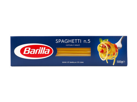ROME, ITALY - JANUARY 22, 2023. Barilla spaghetti packet isolated on white background. Barilla S.p.A. is an Italian food company.