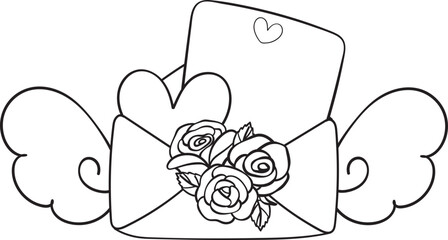 Outline doodle romantic love Valentine envelope love mail simple with heart and roses flower hand drawing 