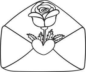 Outline doodle romantic love Valentine envelope love mail simple with heart and roses flower hand drawing 