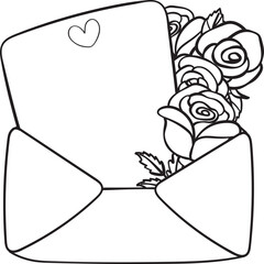 Outline doodle romantic love Valentine envelope love mail simple with heart and roses flower hand drawing 