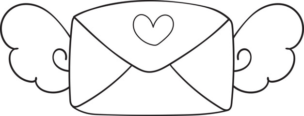 Outline doodle romantic love Valentine envelope love mail simple with heart and roses flower hand drawing 