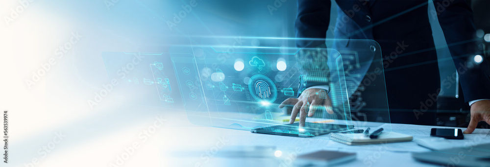 Poster Biometric security and Cloud technology, Data storage and Exchange business information with internet cloud technology. File transfer Protocol, Files receiver and File sharing on cyber global network