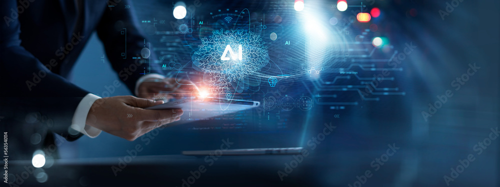 Leinwandbilder AI Technology. Businessman touch brain working data and Algorithm of Artificial Intelligence in the future business and coding software development synchronize network connection, Data science.