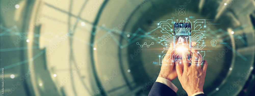 Leinwandbilder Businessman touching of circuit data and Algorithm of Artificial Intelligence (AI) in the futuristic business and coding software development and synchronize network connection, Data science.