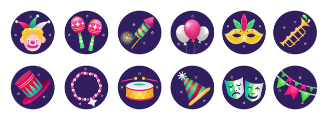 Mardi Gras Carnival. 3d icons of clowns, maracas, fireworks, masks, necklaces, hats, drums and balloons