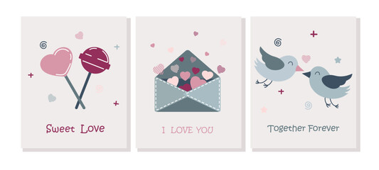 Set of postcards for Valentines Day. Love collection with cards and lettering. Romantic and cute elements in a flat style.