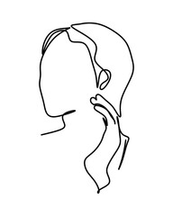 Portrait continuous one simple single abstract line drawing of female face silhouette icon in silhouette on a white background. Linear stylized.