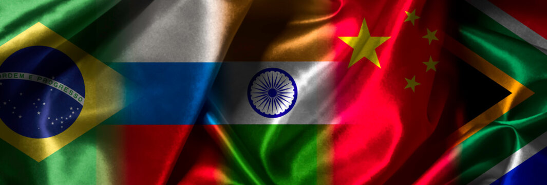 Brazil Russia India China and South Africa flag print screen on fabric wave cloth for BRICS economic international cooperation concept.