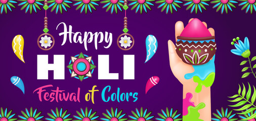 Happy Holi Festival of Colors, hand and paint colorful 3d illustration