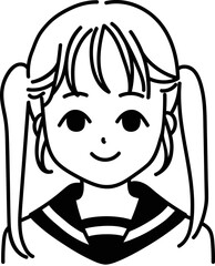 ツインテールの女子学生のアイコン　モノクロ