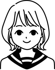 ショートボブの女子学生のアイコン　モノクロ