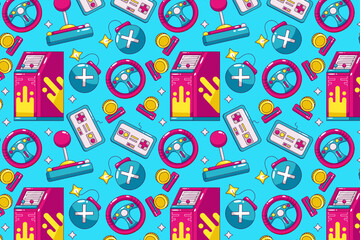 Retro game. Arcade game machine, joy stick, gun control, pocket console and steering wheel controller icon pattern © Kevyn