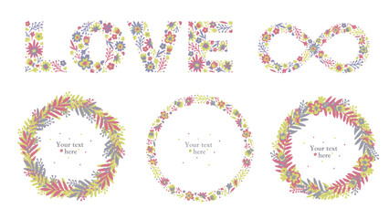 Floral love set with wreaths and lettering for hippie wedding. Word Love of flowers. Isolated