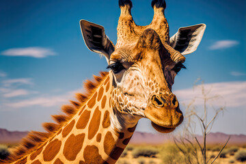 Close up of large common giraffe on the summer blue sky. Wild african animal. - obrazy, fototapety, plakaty