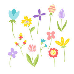 Flower set. Spring summer flowers. Colorful floral. Flat, cartoon, isolated