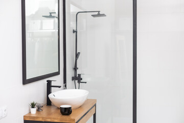 Fototapeta na wymiar Stylish and modern designed wooden wall in shower cabin