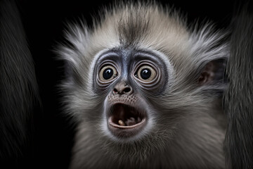 Obraz premium Scared little monkey with an open mouth. Monkey expresses emotions. Comedy Wildlife background. Post-processed digital AI art
