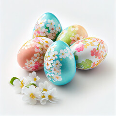 Fototapeta na wymiar Colorful Easter eggs with cherry blossoms on white background. Design for Easter day.