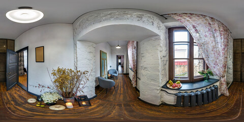 full seamless spherical hdr panorama 360 degrees angle view in vintage loft entrance hall of...
