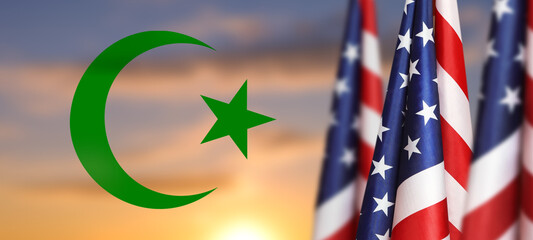 USA flag and symbol of Islam on sky background. National Religious Freedom Day