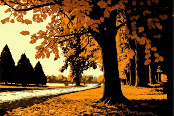 Autumn leaves in the park abstract background. Autumn park pathway at sunset. Generative AI