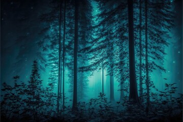 Enigmatic foggy forest at night. Generative AI